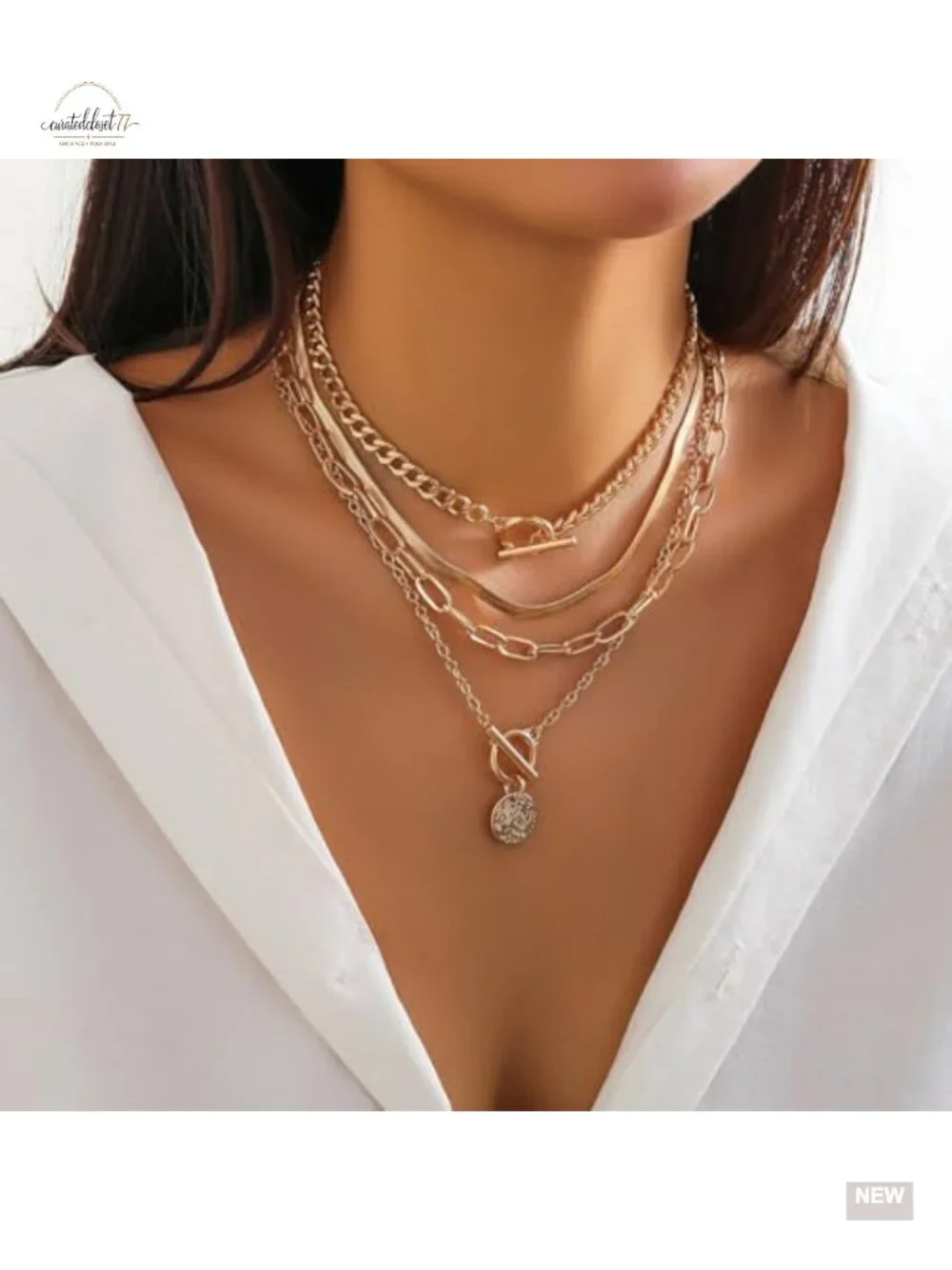 Gold Layered Stack Necklace Set, Cuban Coin Medallion Pendant Choker
